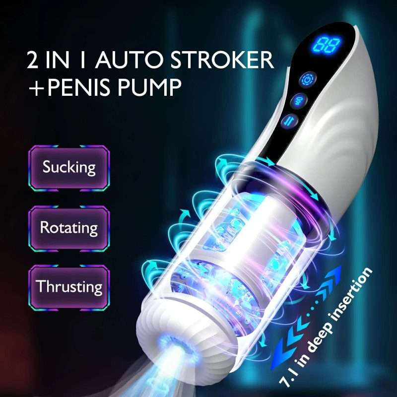 2 IN I Auto Stroker & Penis Pump - 9 Sucking Rotating Thrusting Deep Insertion