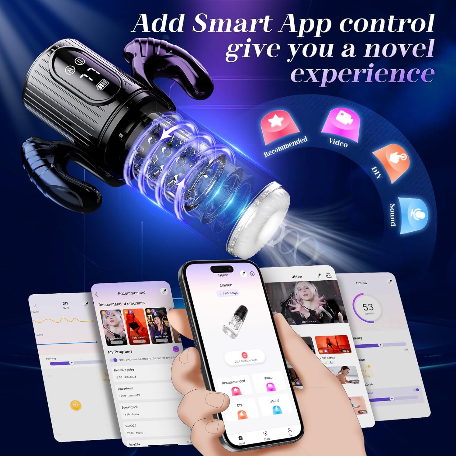 Smartphone screen displaying the Joyhub app interface with options for recommended programs, video sync, DIY modes, and sound control.