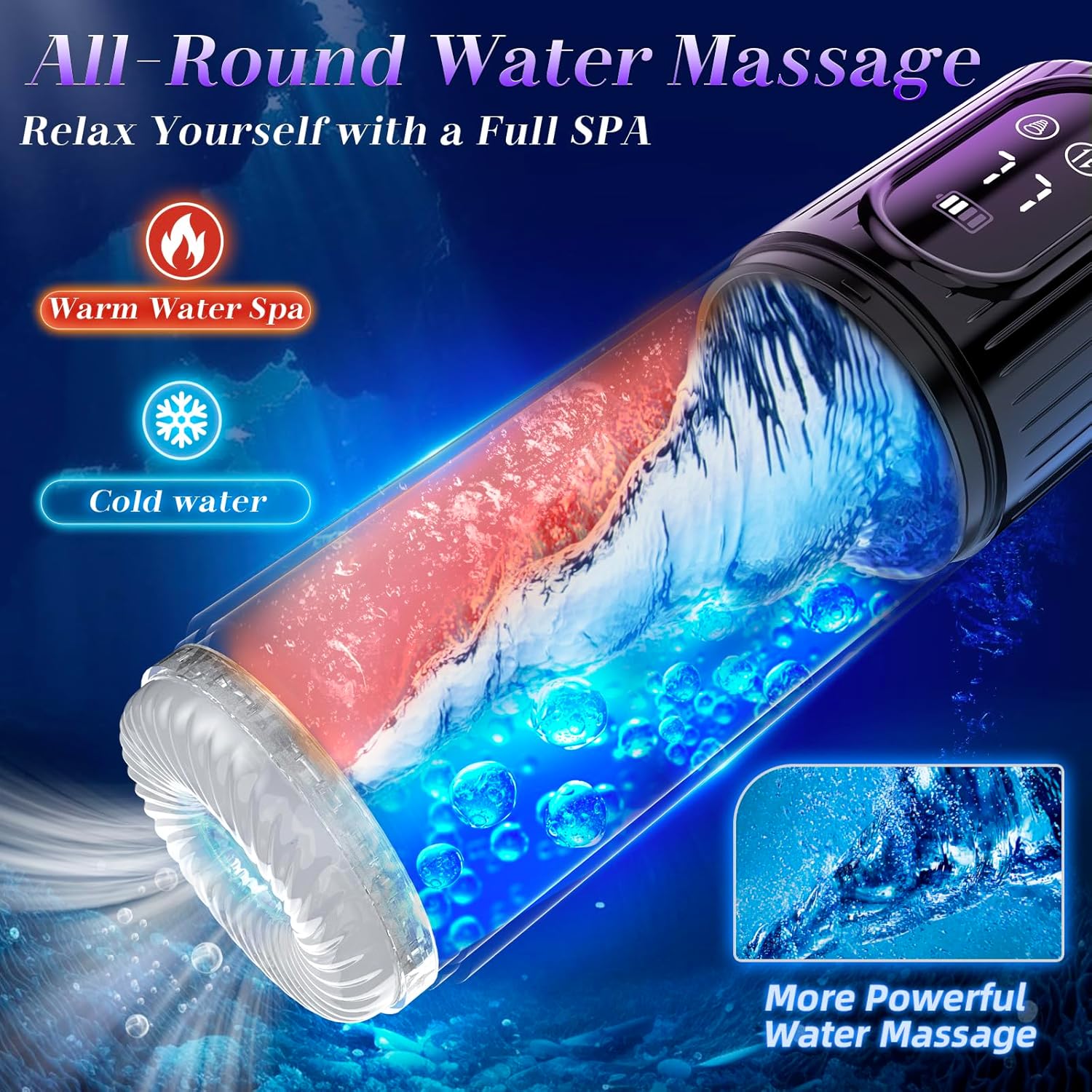 Device being used with warm and cold water for different massage experiences.